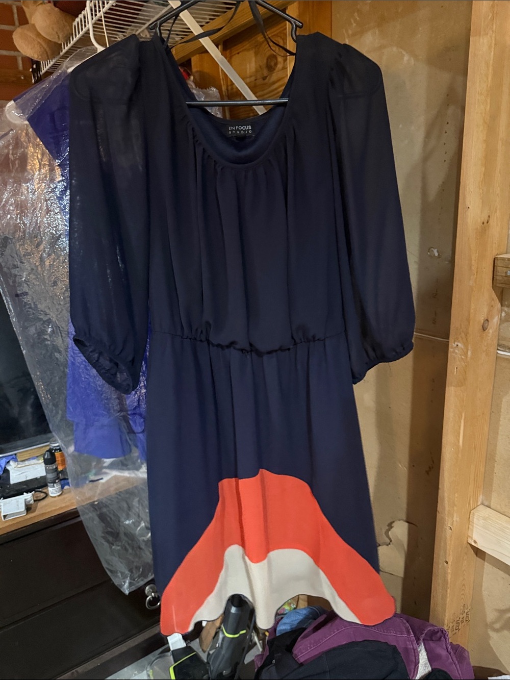 Enfocus Studio Navy Midi Dress with Coral and Cream Colorblock Hem